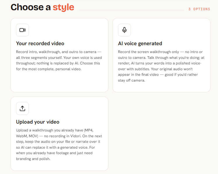 Style picker with recorded video, AI voice, and upload options
