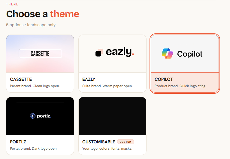 Theme picker with Cassette, Eazly, Copilot, Portlz, and Customisable options